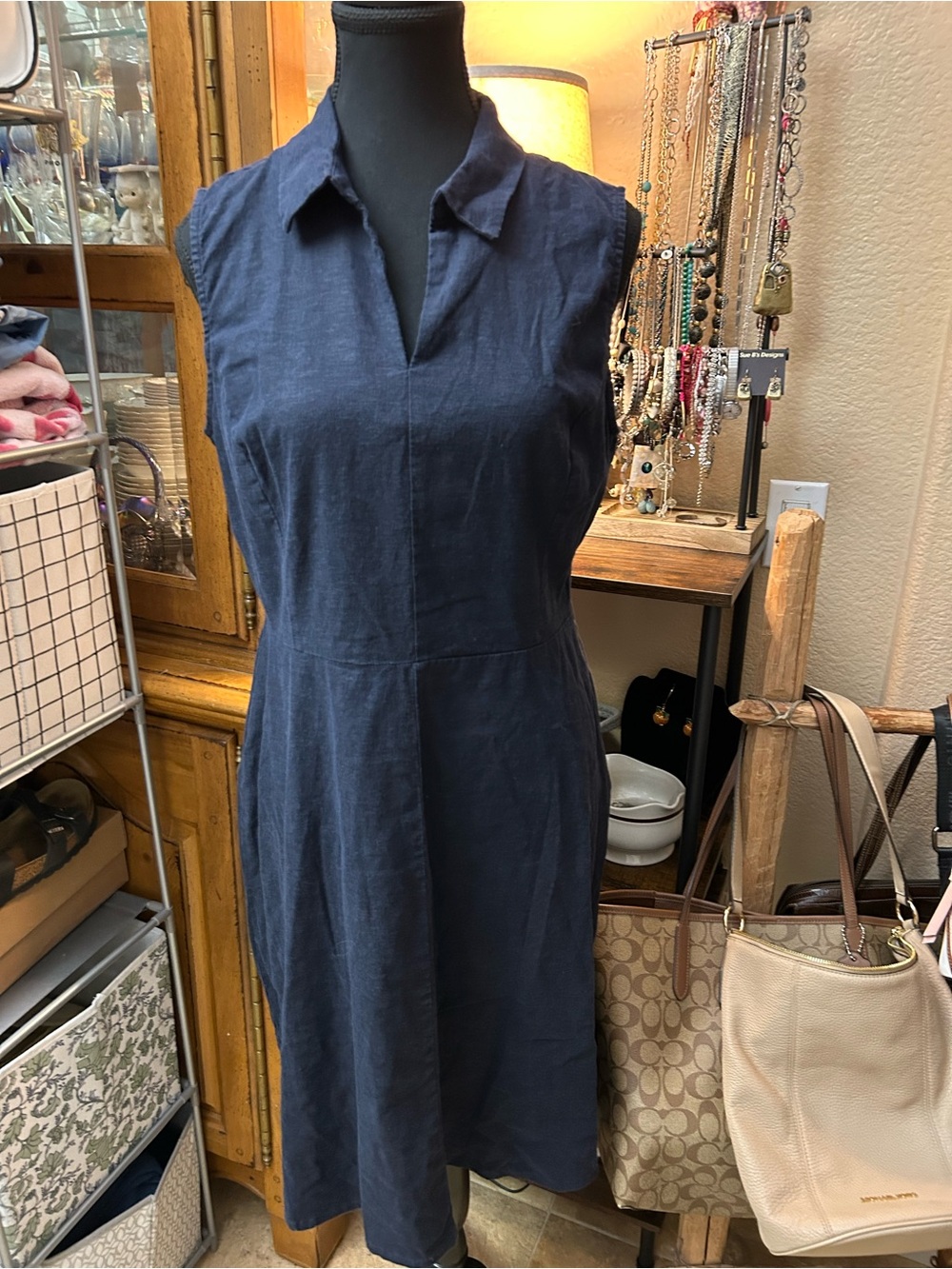 Tahari Navy Sleeveless Collared Linen-Blend Dress